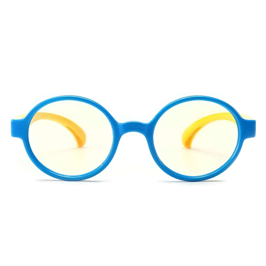 First Lens Trendy JuniorEye glasses in a vibrant color, shielding young eyes from harmful blue light emitted by screens.