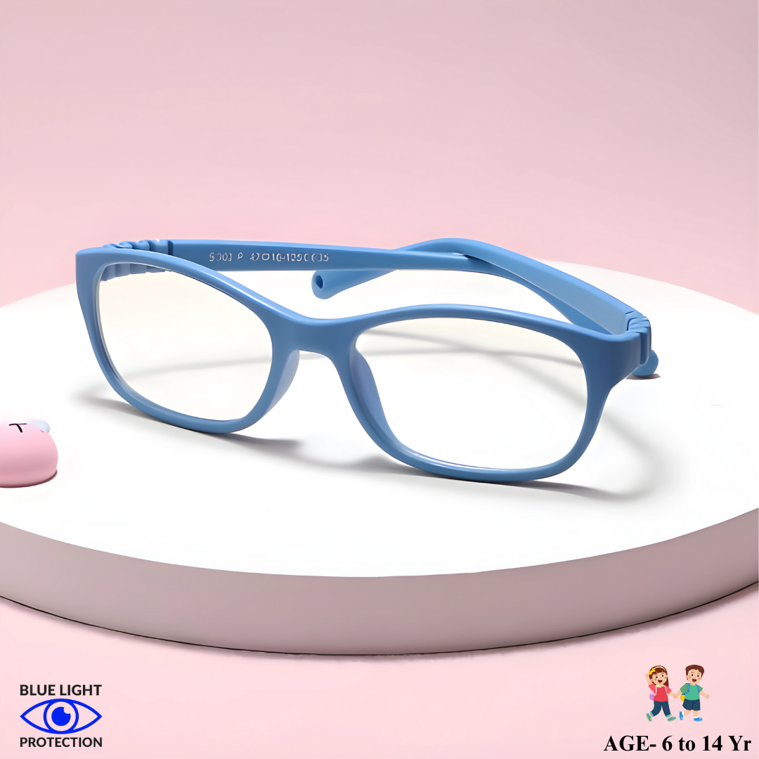 A pair of sleek, blue JuniorGaze Kids Blue Light Blocking Glasses from First Lens."