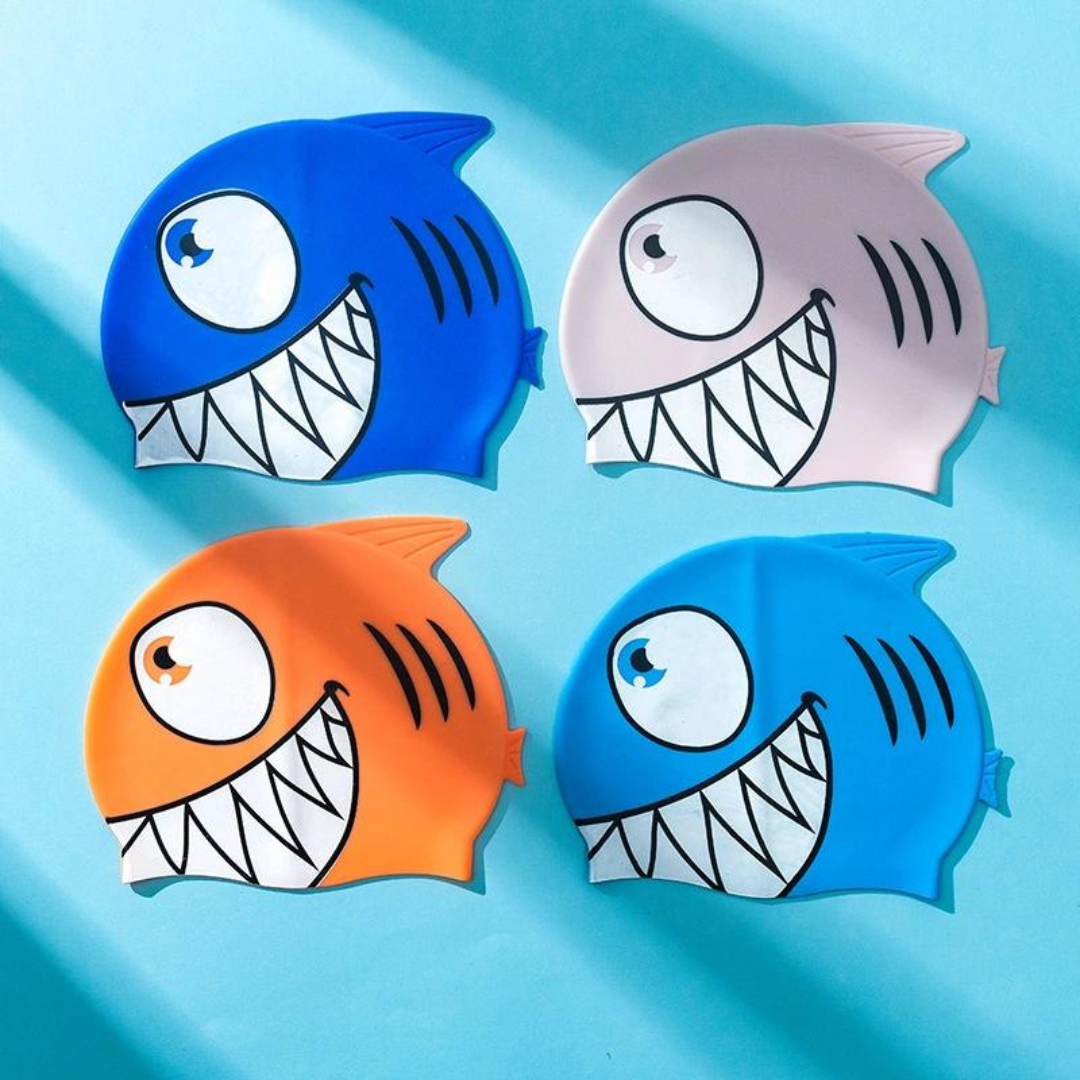 First Lens Kids Silicone Swimming Cap featuring a fun shark design.
