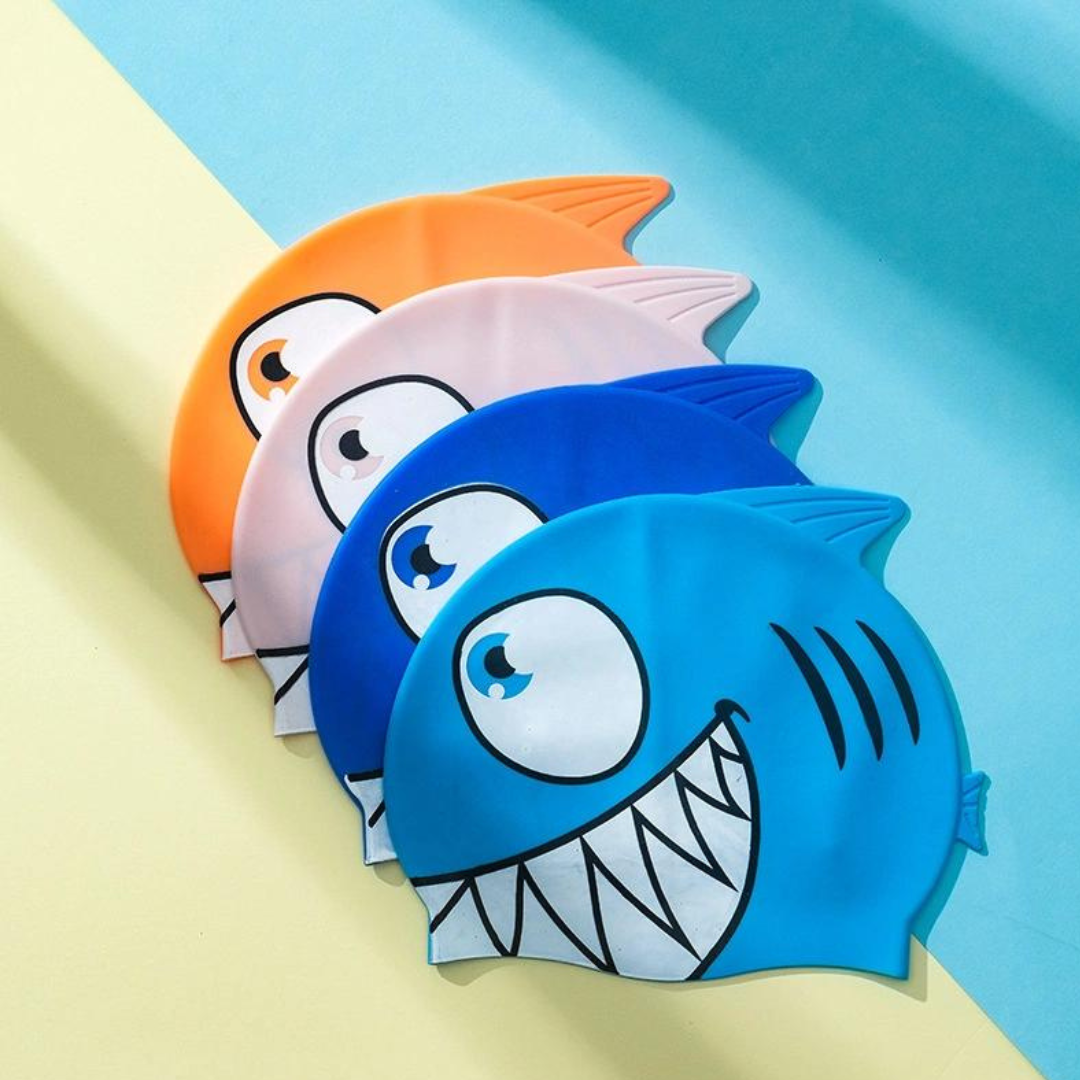 Pack of 1 First Lens Kids Silicone Swimming Cap with a shark motif.