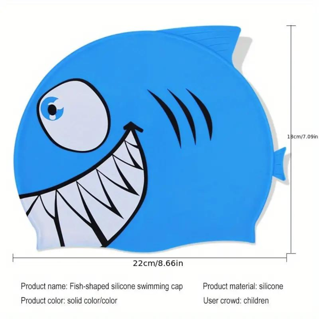 Blue silicone swimming cap for kids by First Lens with shark illustration.