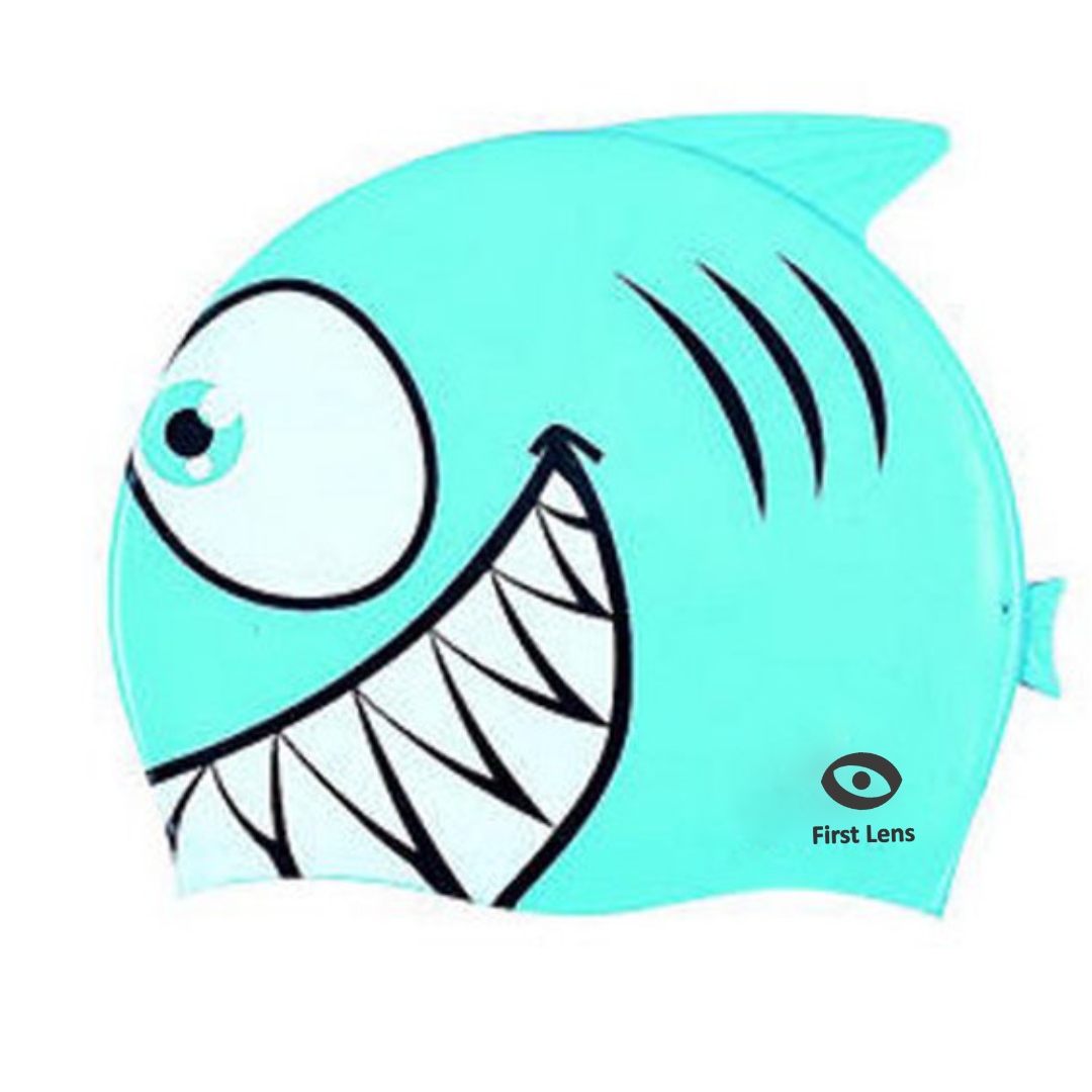 First Lens Kids Silicone Swimming Cap for young swimmers, featuring a shark theme.