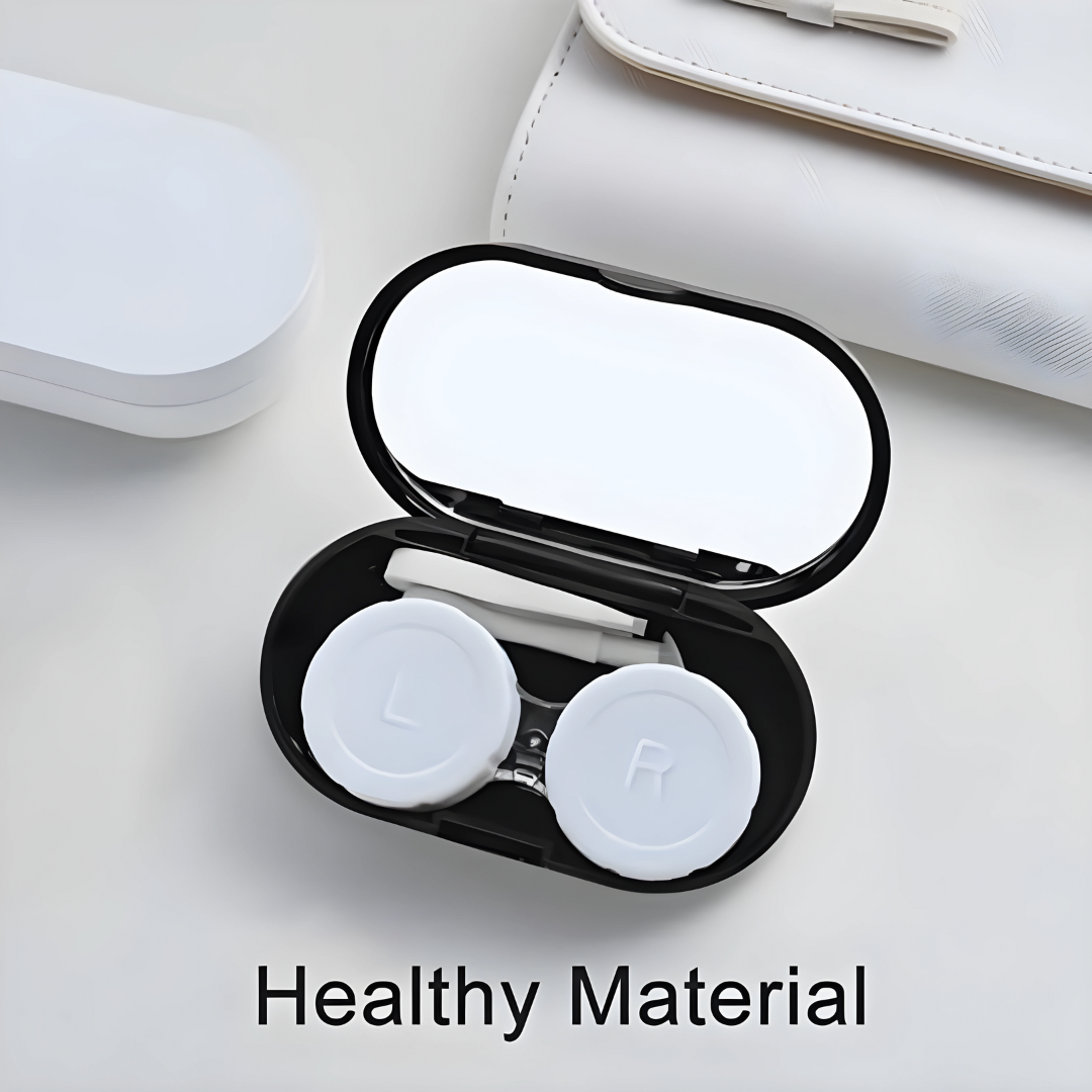 The case appears to be compact and portable, suitable for storing contact lenses while traveling.