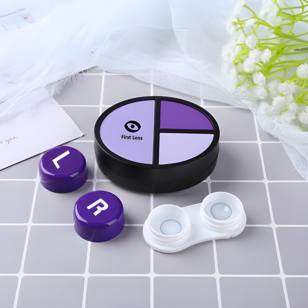 Oval contact lens storage case with a mirror included, ideal for busy lifestyles.