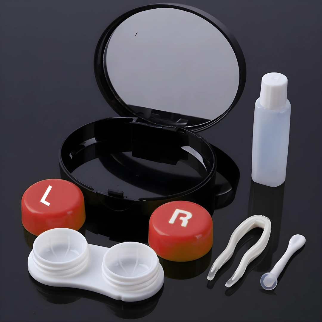 Portable contact lens case featuring a handy mirror for quick touch-ups.