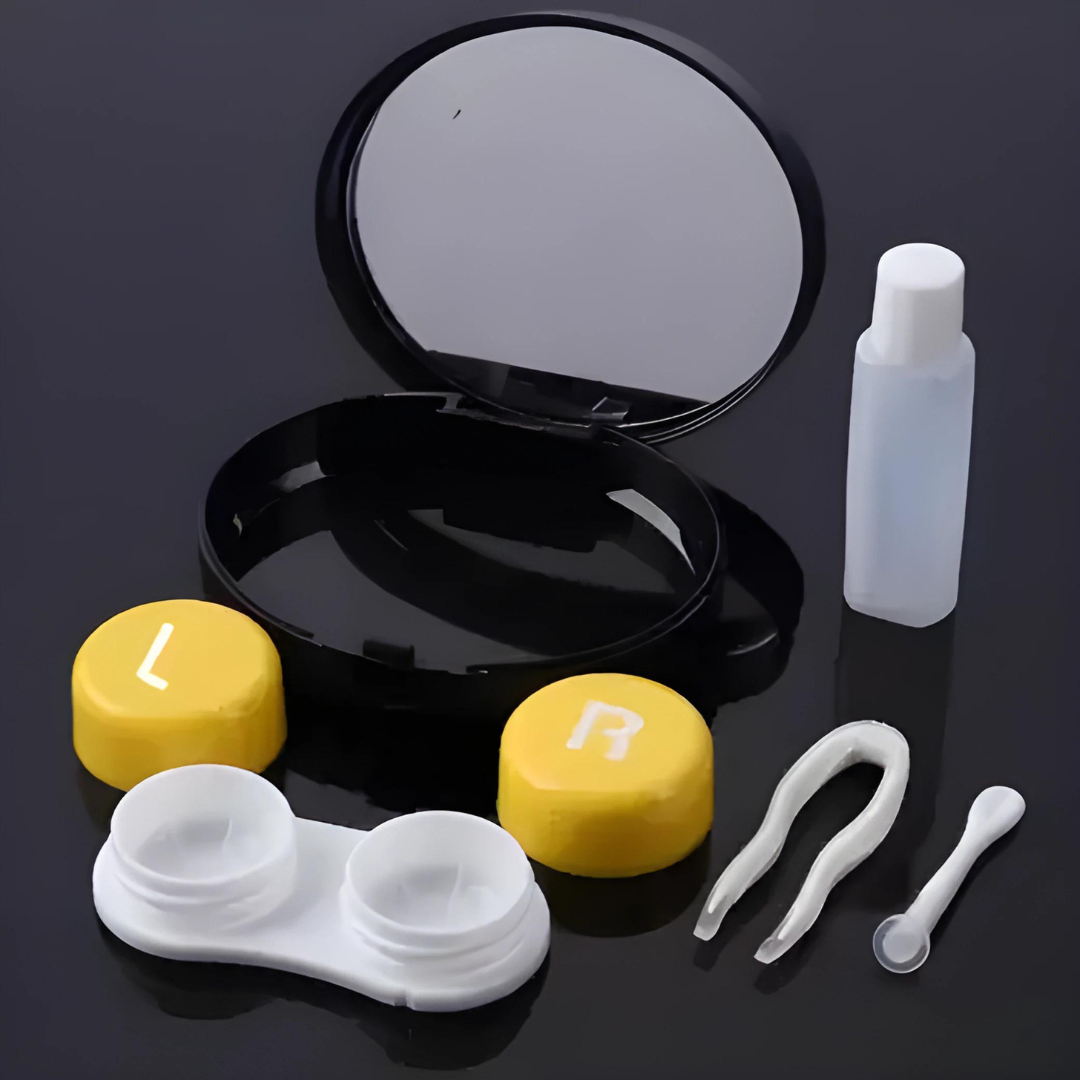Compact contact lens case with a built-in mirror for easy application.