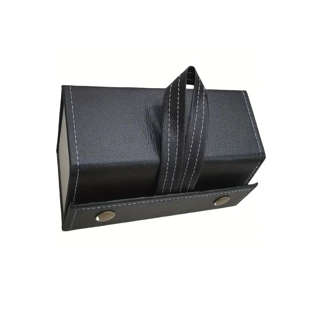 A sleek black sunglass organizer by First Lens, with two compartments labeled Sunglasses and Accessories.