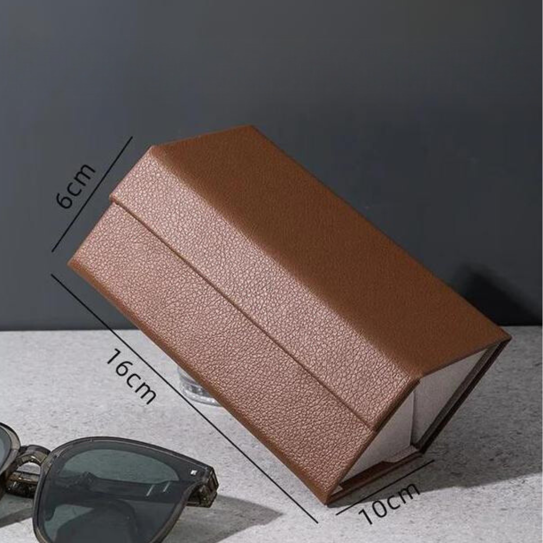 Dual-space sunglass holder by First Lens, with compartments tailored for sunglasses and accompanying accessories.