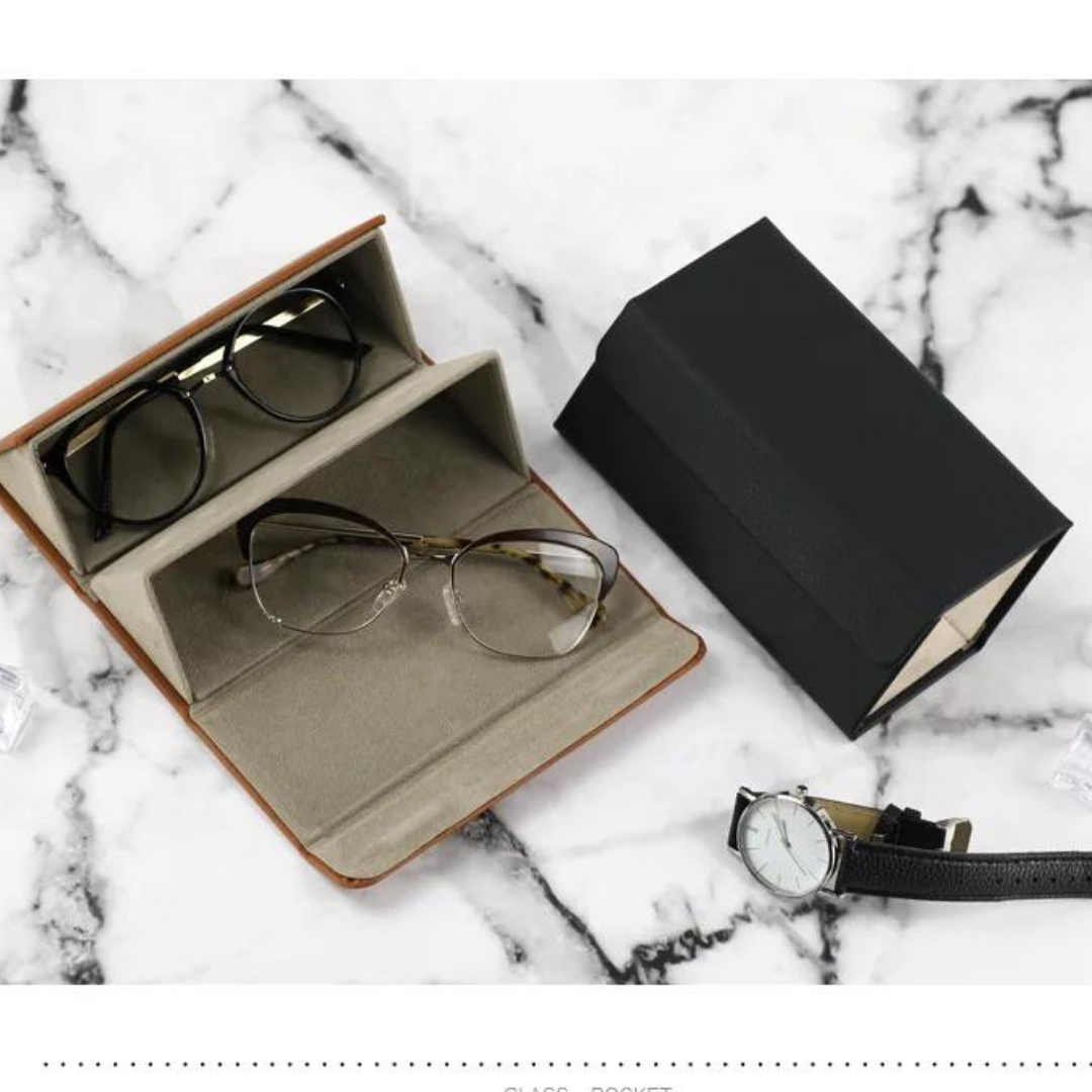 A convenient sunglass case by First Lens, with designated spaces for sunglasses and additional accessories.