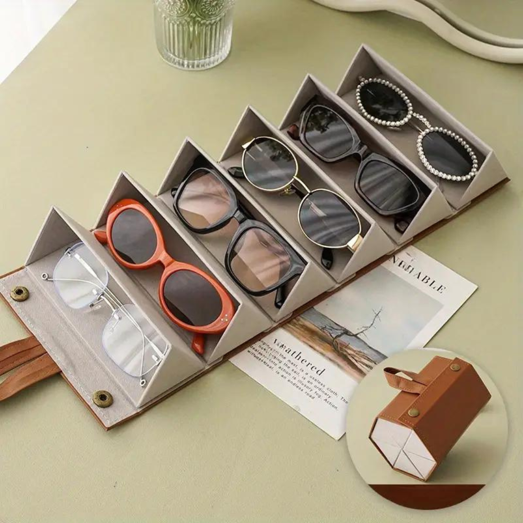First Lens Sleek Sunglass Display: Fashionable frames fixture with six sections