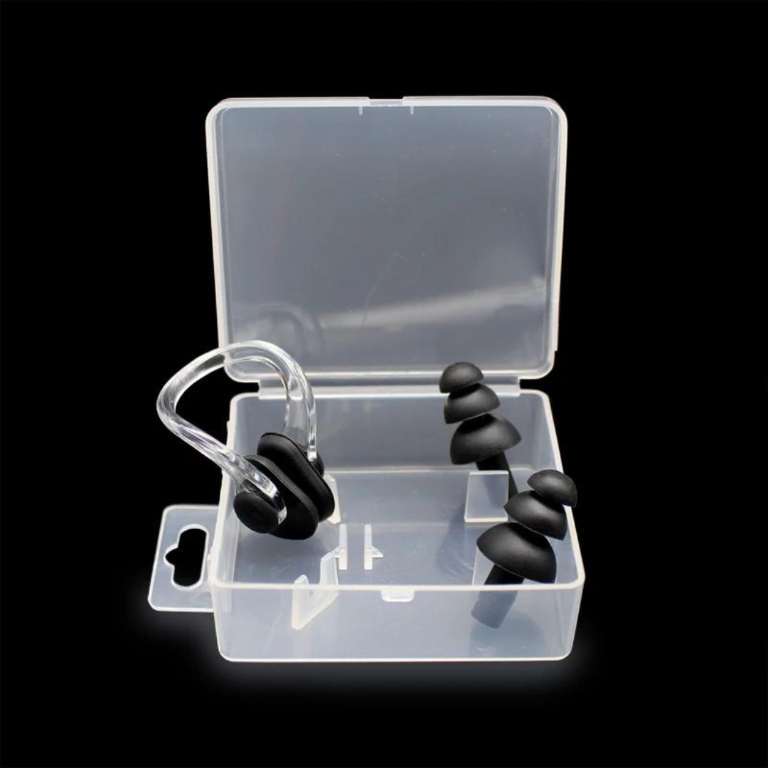 Swim accessory kit containing nose clip and ear plugs, conveniently packaged by First Lens.