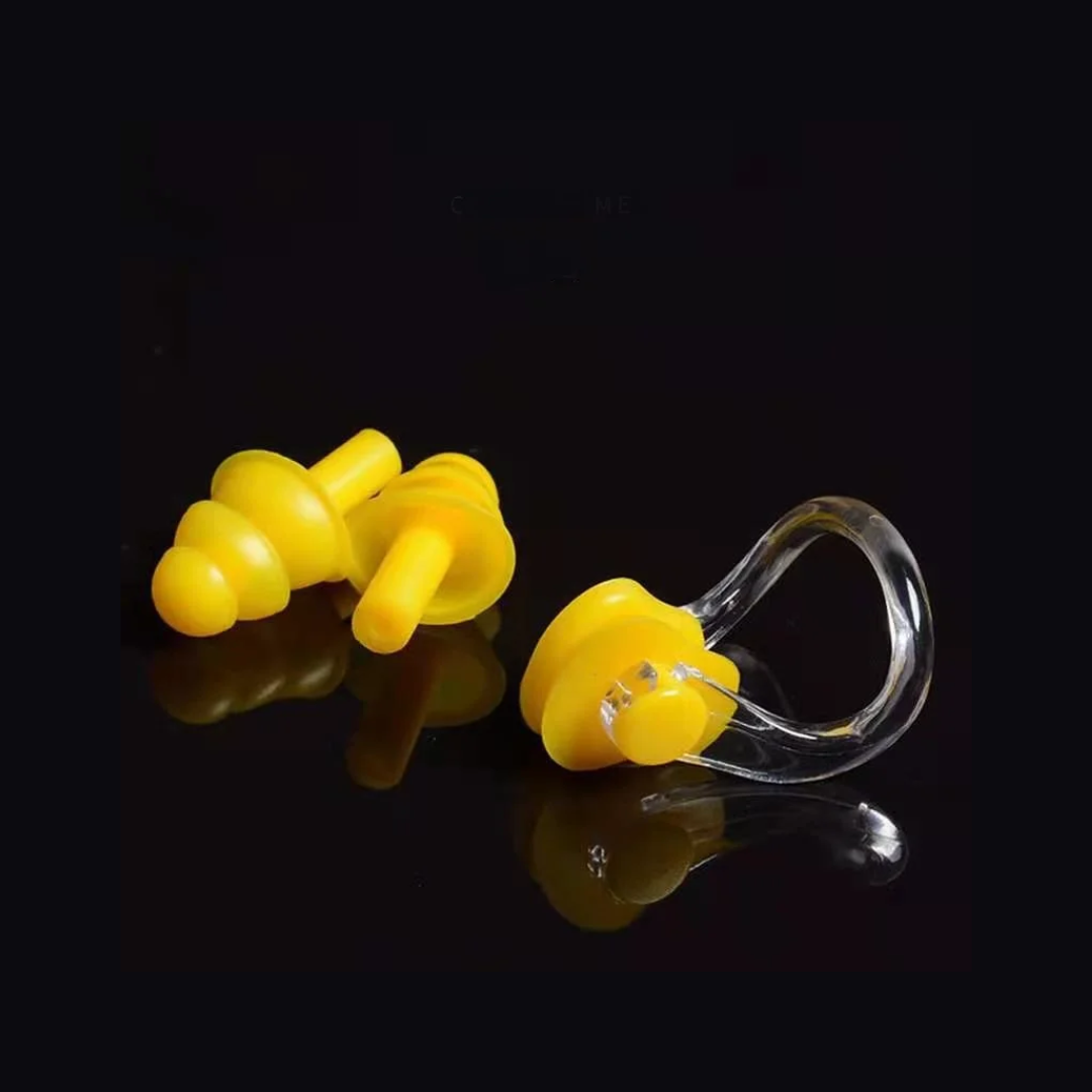 First Lens Nose Clip & Ear Plugs set, essential for a comfortable swim, with a protective case.
