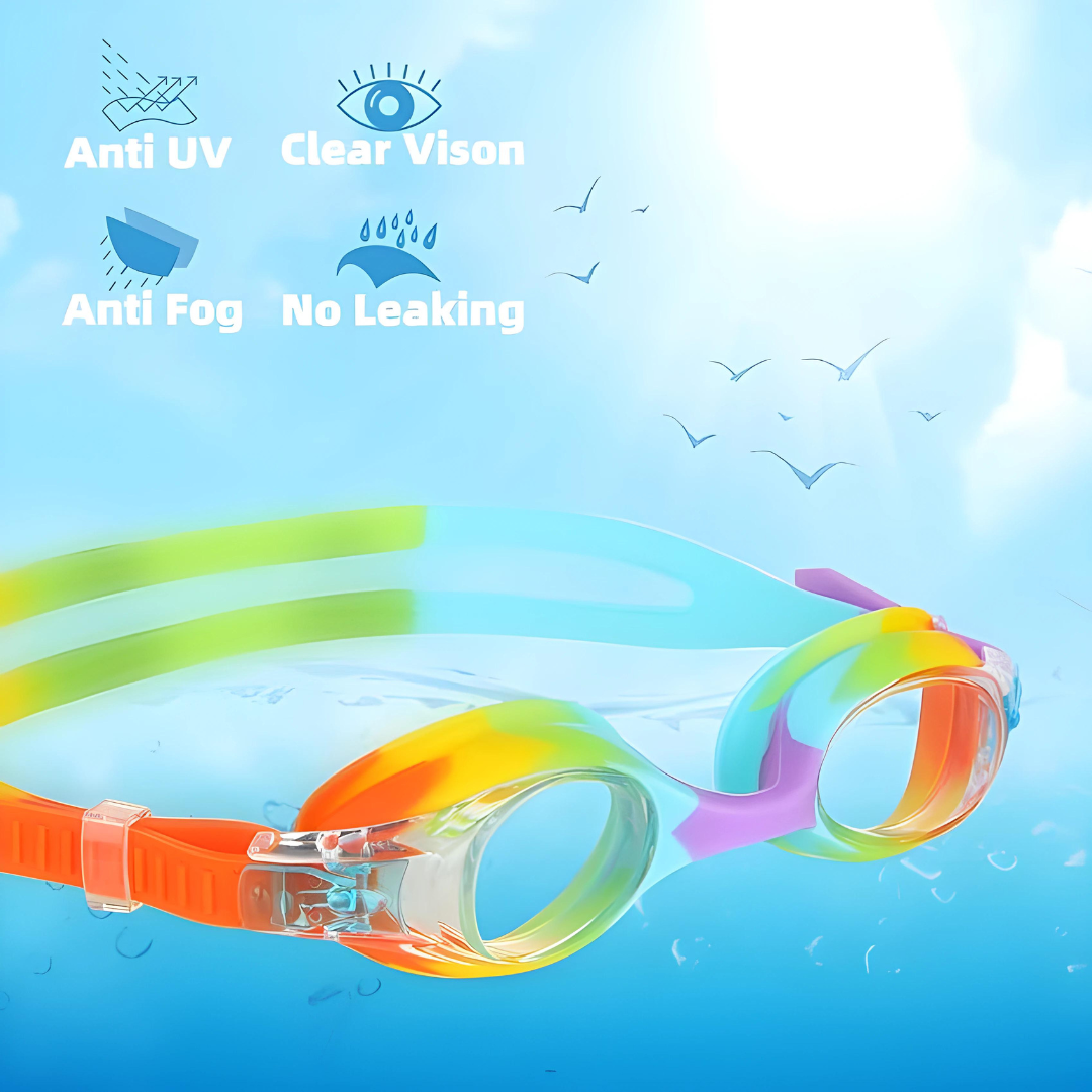 Child-sized swimming goggles with adjustable straps from First Lens.