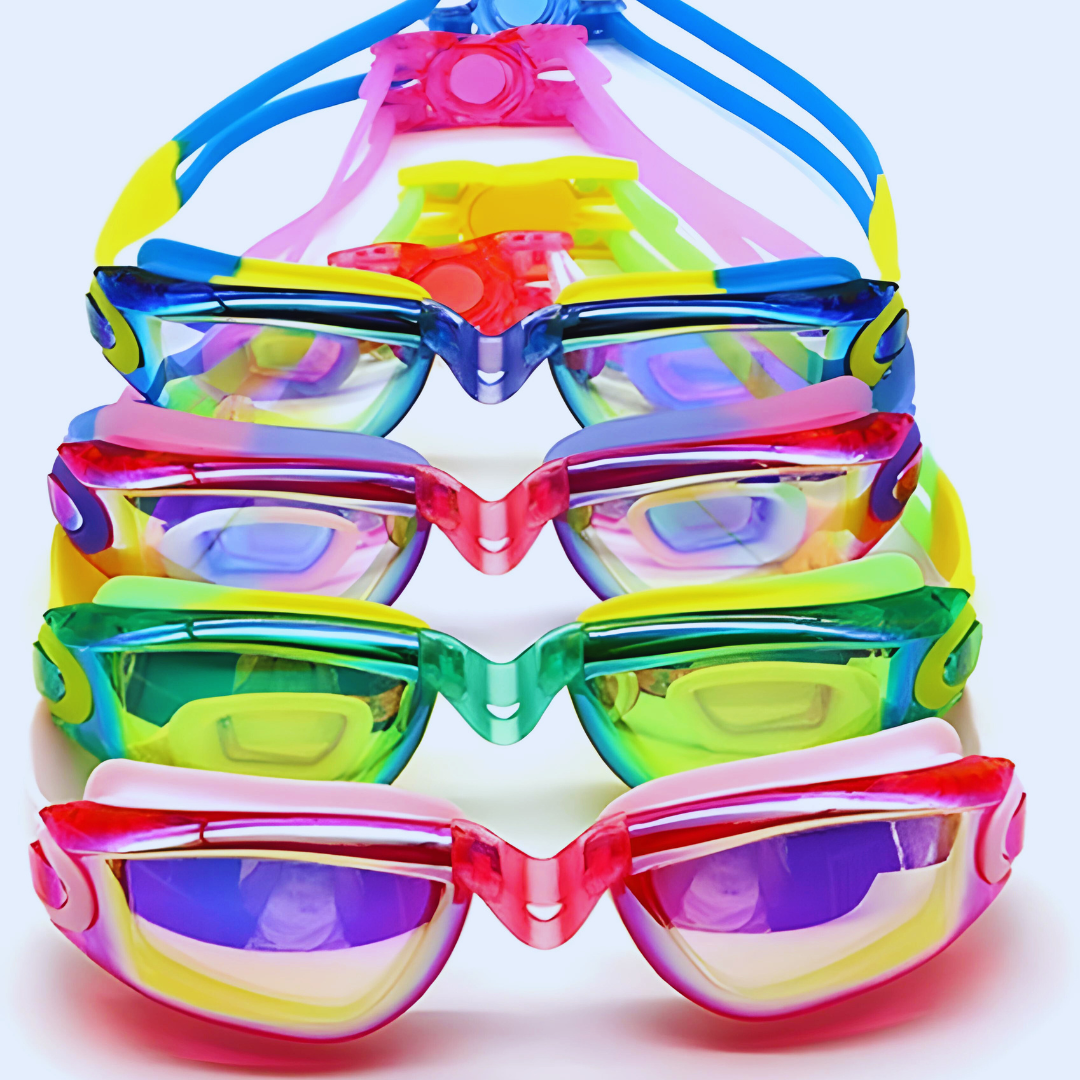 First Lens presents pink swimming goggles designed for kids aged 8 to 18.