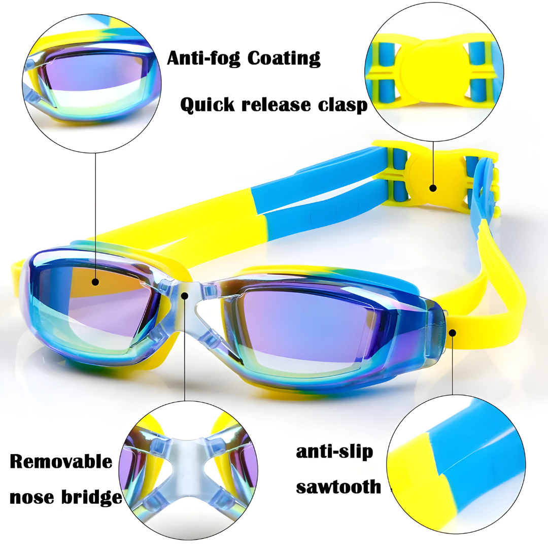 Kids' swim goggles designed with soft silicone gaskets for a gentle seal by First Lens.