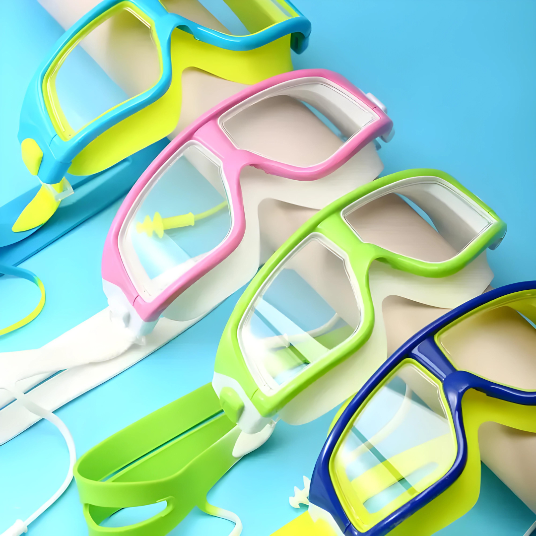 First Lens presents green swimming goggles designed for kids aged 8 to 18.