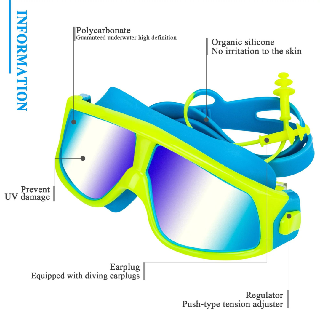 Lively green swim goggles from First Lens with anti-fog lenses for young swimmers.