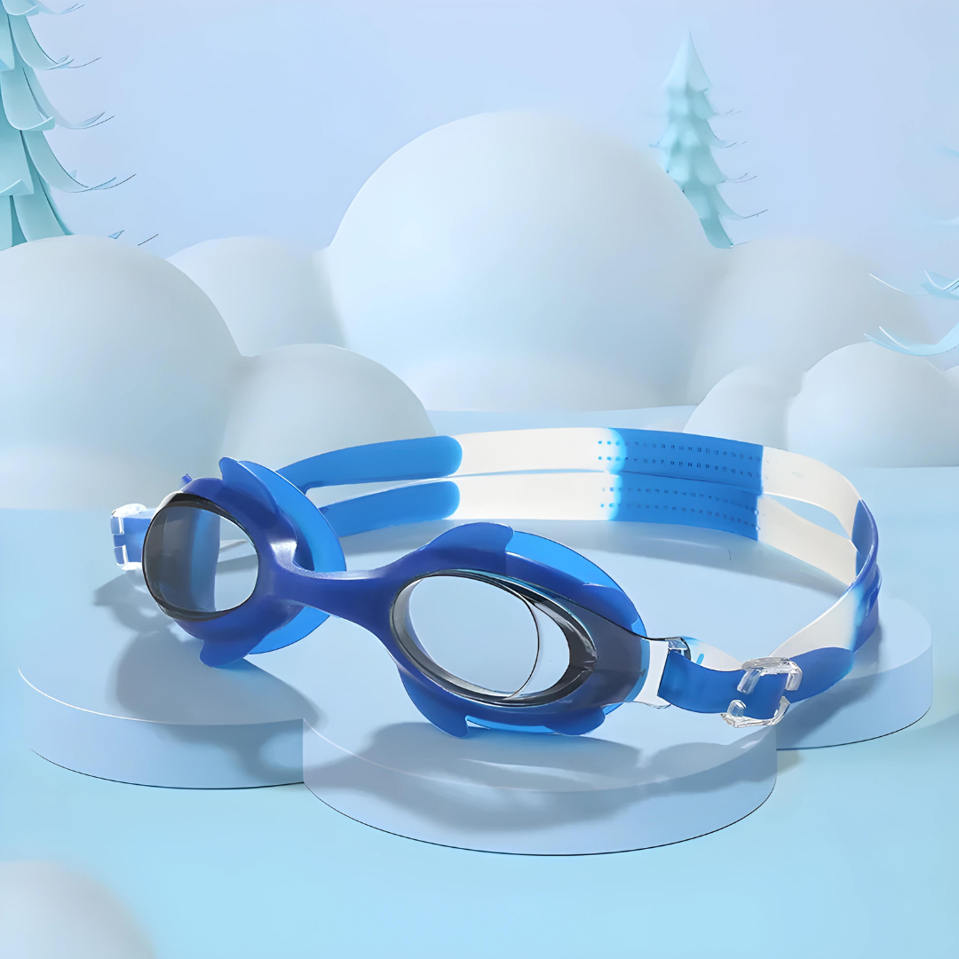 Close-up of the anti-fog lenses of the First Lens swimming goggles, showcasing clarity.