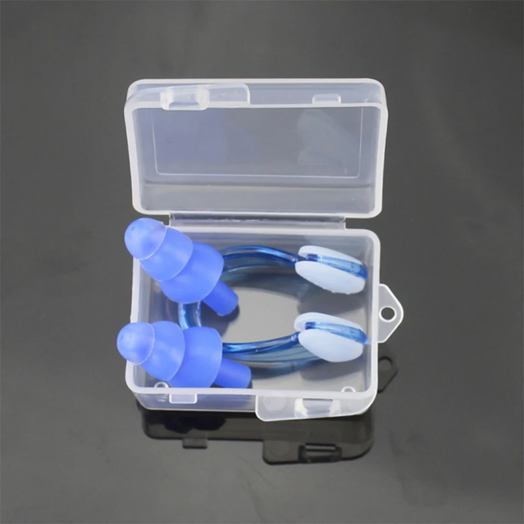 Swimming accessories kit including nose clip and ear plugs, by First Lens.