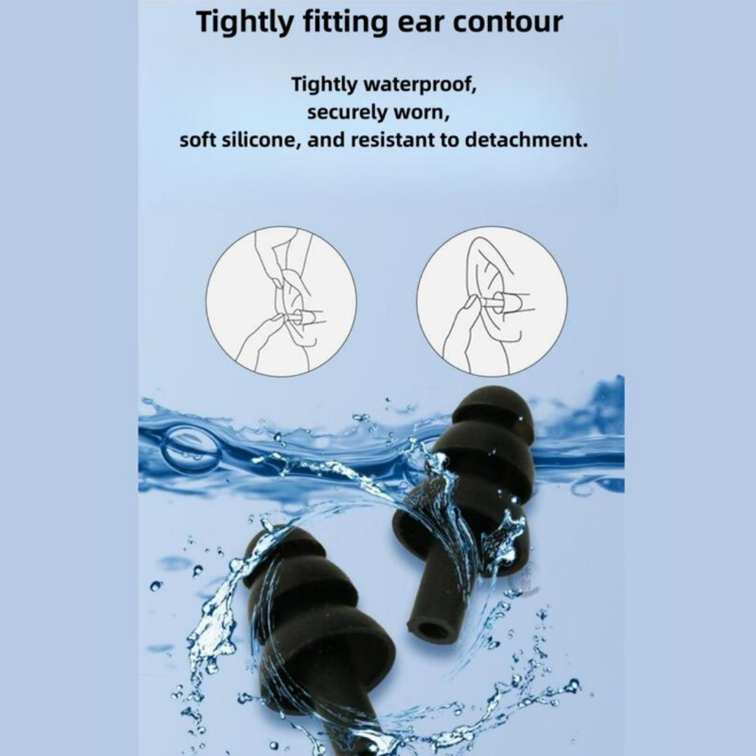 Nose clip and ear plugs set for swimming, packaged in a case by First Lens.