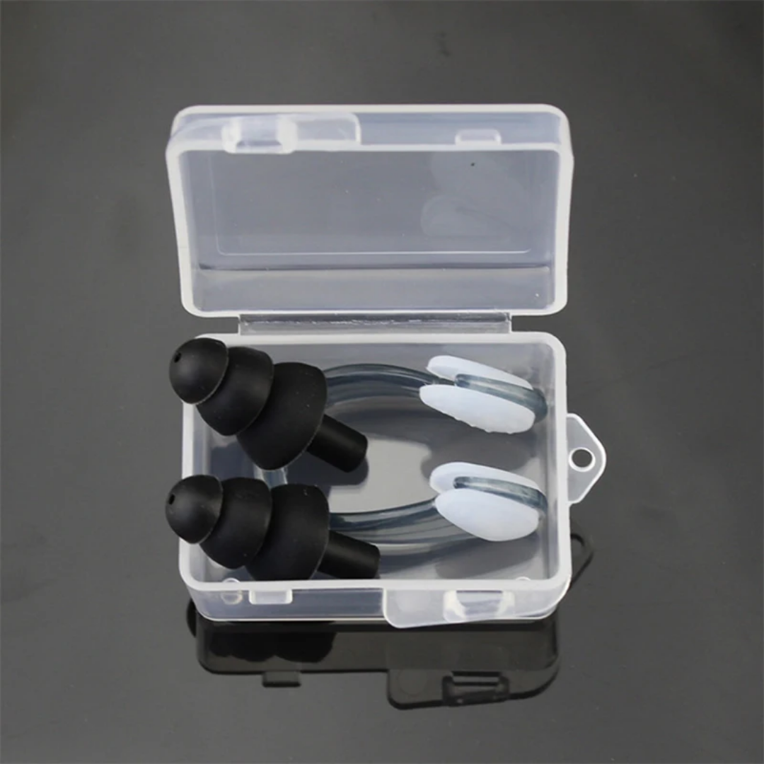 First Lens Swimming Nose Clip & Ear Plugs set with a convenient case.