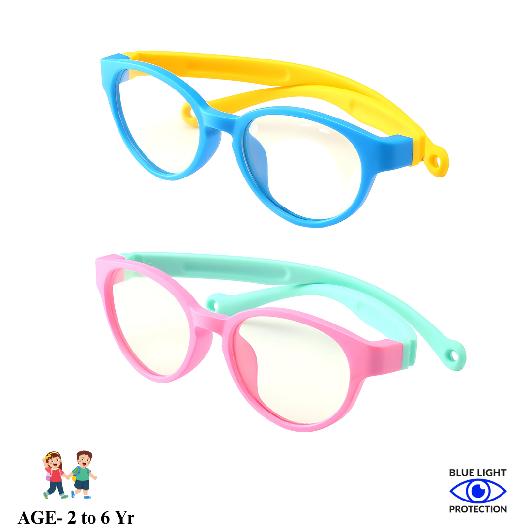 A pair of blue light blocking glasses for kids, designed by First Lens. The frame is small and lightweight, with blue-tinted lenses.