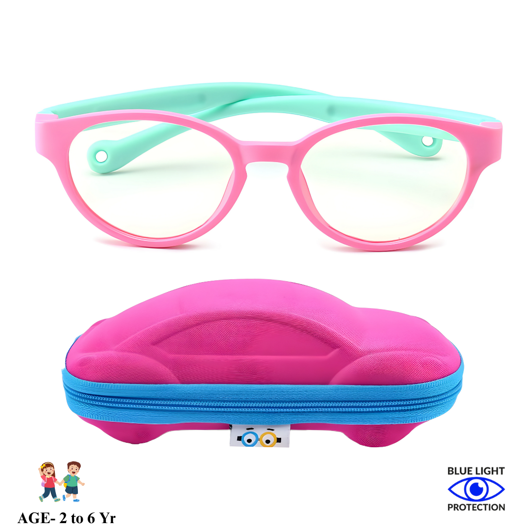irst Lens TinyTech Kids Blue Light Blocking Glasses in a vibrant blue color. The lenses have a slight yellow tint for blue light protection.