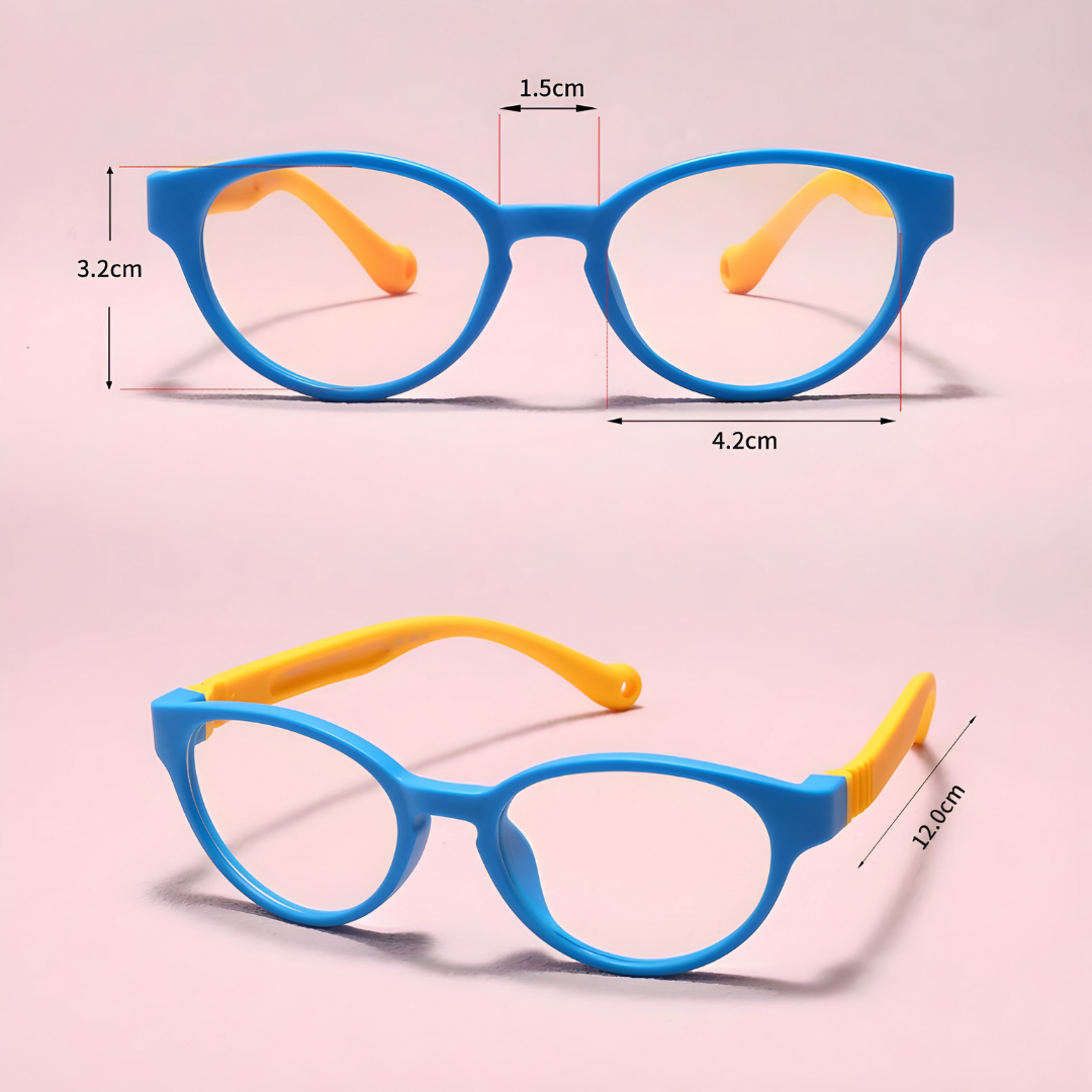 Kids' blue light blocking glasses from First Lens, featuring a modern design with rounded frames and clear lenses.