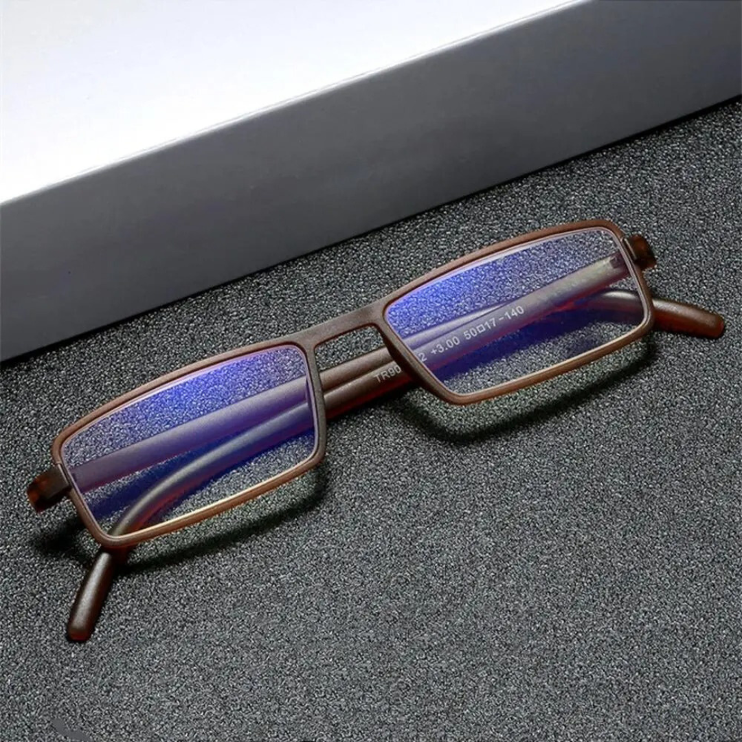 A side view of First Lens Ultra Light Reading Glasses with rimless frames, offering a minimalist and barely-there look.