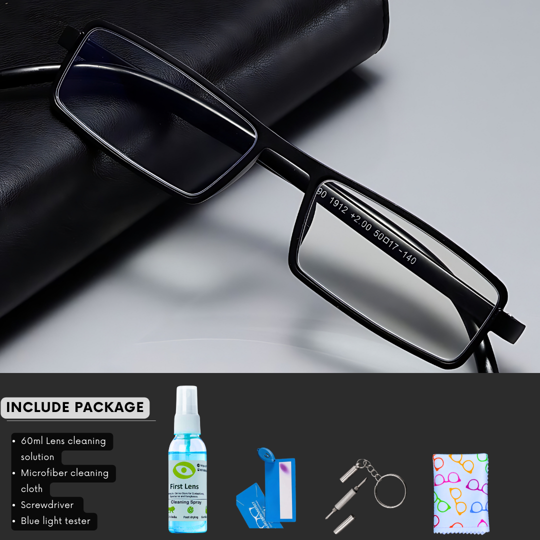 A male model wearing First Lens Ultra Light Reading Glasses with a sleek black frame, exuding sophistication and style.
