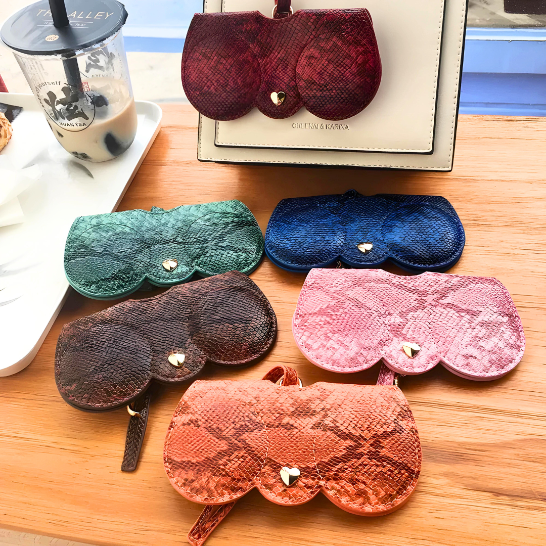 A close-up of the Trend-patterned leather material of the First Lens glasses case.