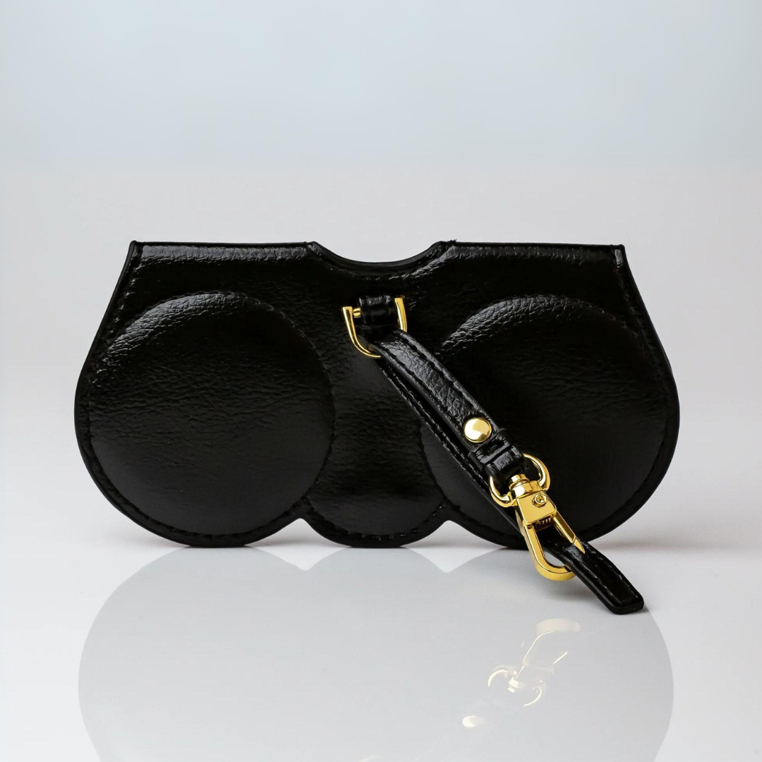 A versatile sunglasses bag made of durable leather by First Lens, designed to protect eyewear from scratches and damage.