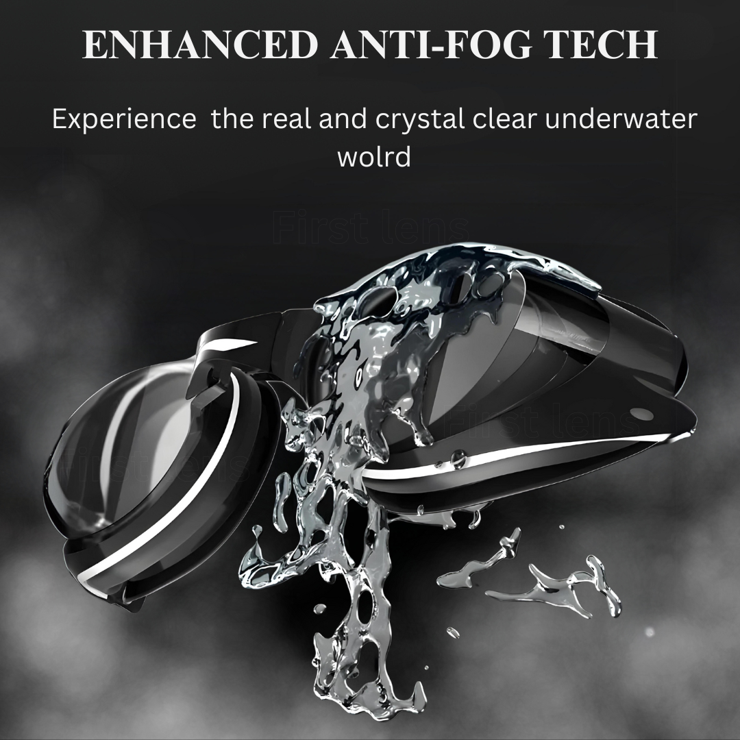First Lens prescription swim goggles with anti-fog and UV protection.