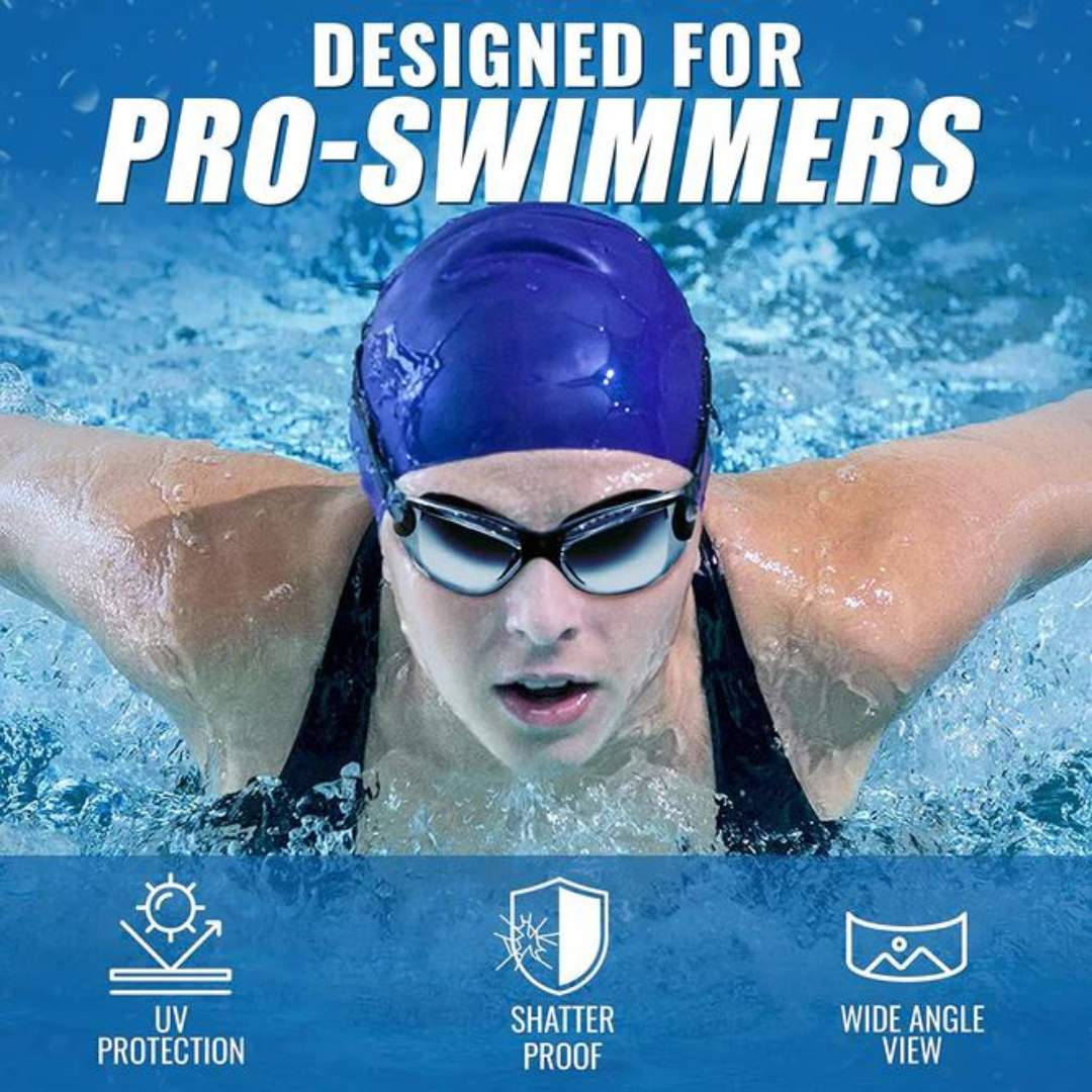 First Lens prescription swim goggles with adjustable nose bridge for comfort.