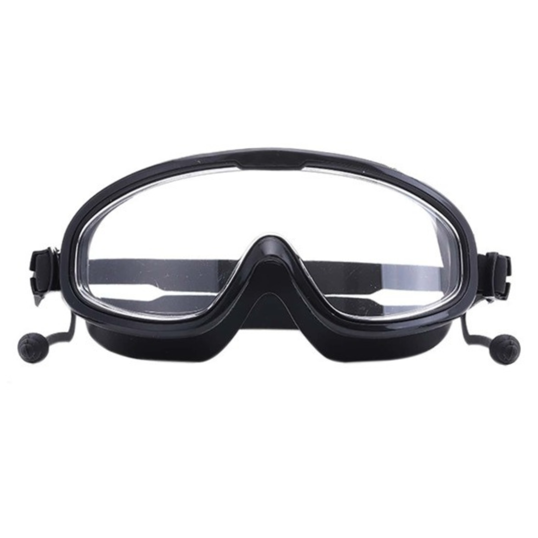 Close-up of sleek black First Lens powered swim goggles with anti-fog coating.