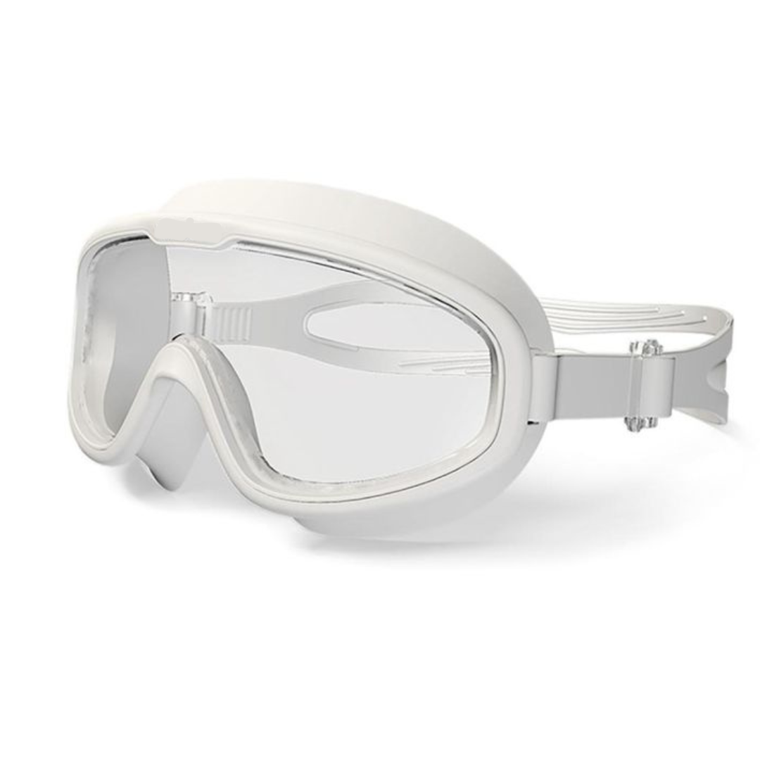 White First Lens swimming goggles with prescription lenses and anti-fog coating.