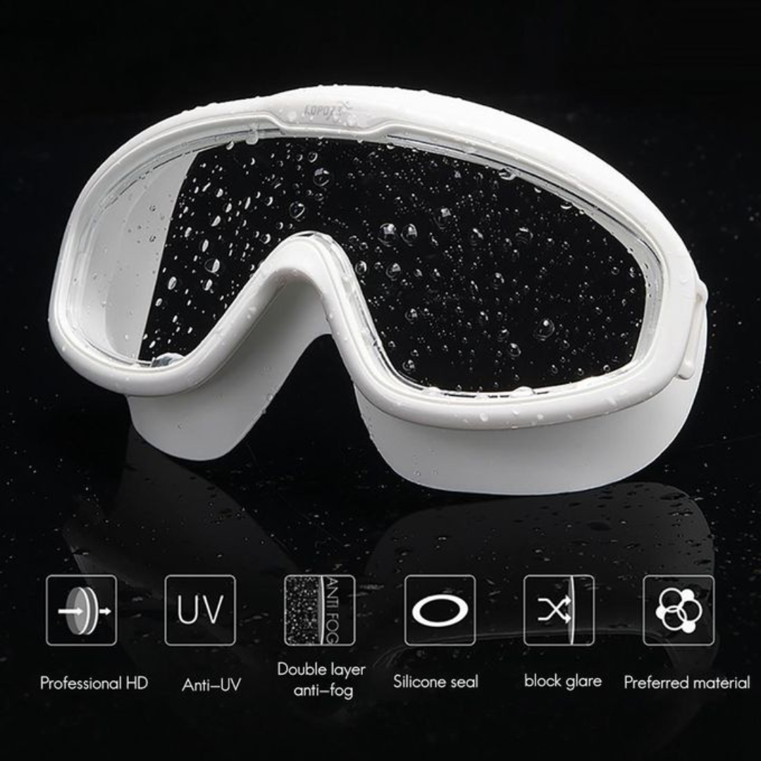 White swim goggles with First Lens anti-fog technology for clear vision.