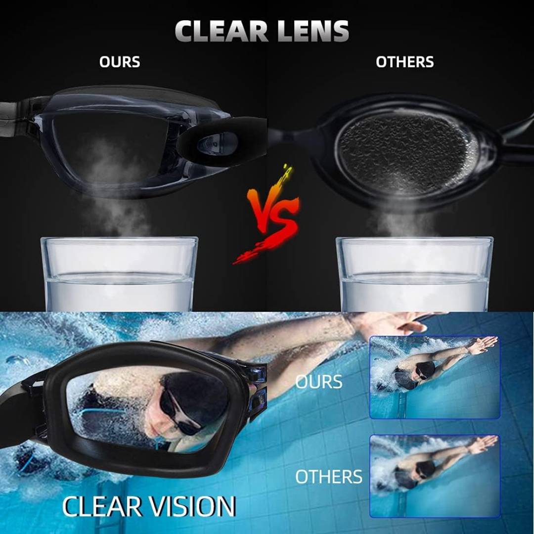 The First Lens goggles placed on a shelf along with other swimming accessories, demonstrating their versatility.