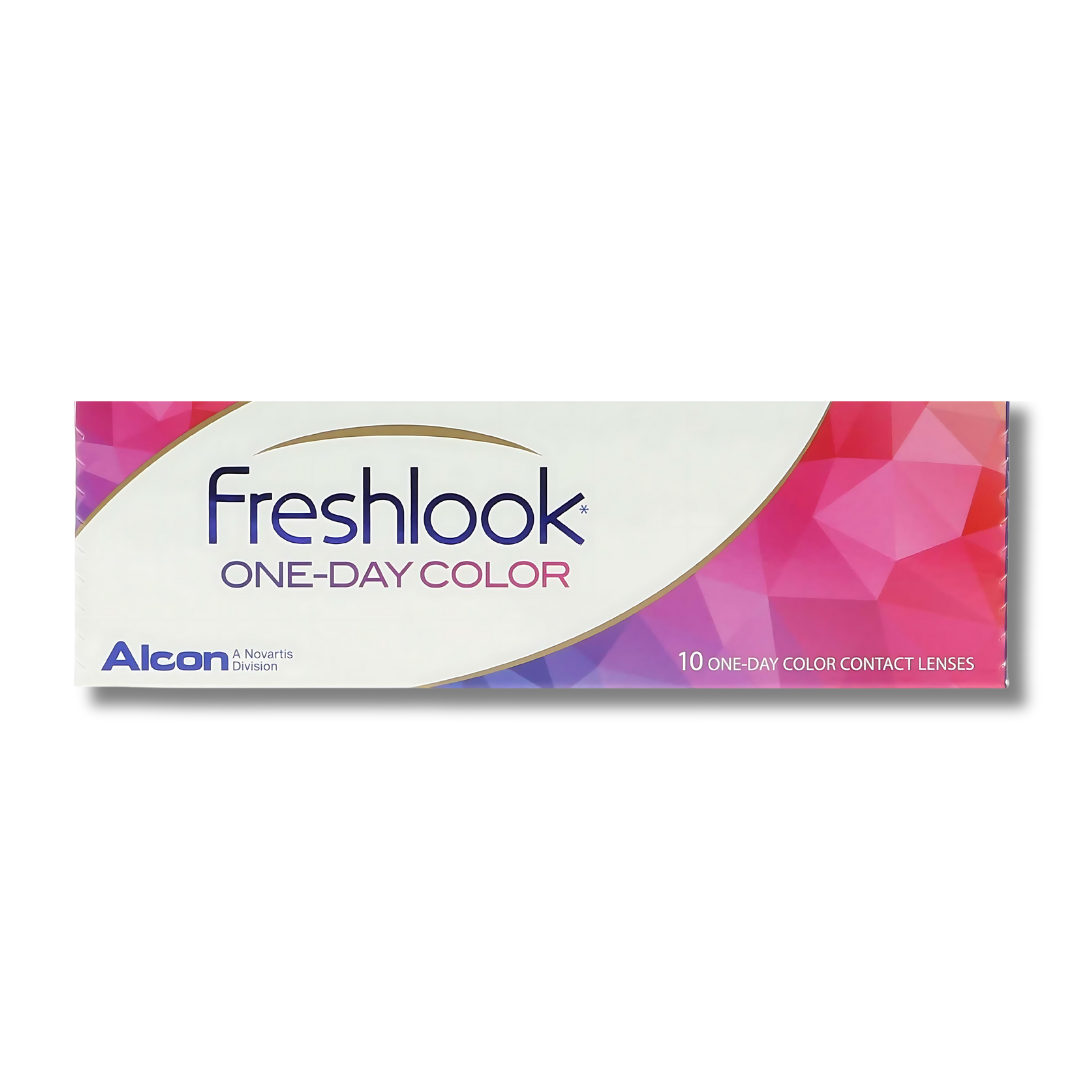 A pack of Alcon Freshlook OneDay Color Lenses in the color Blue, lying on a light gray surface.