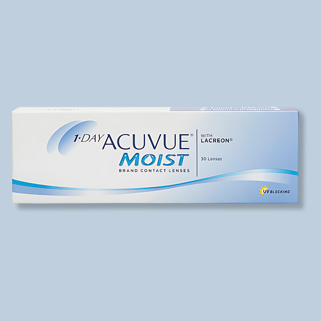 First Lens: Model wearing Moist Acuvue contact lenses