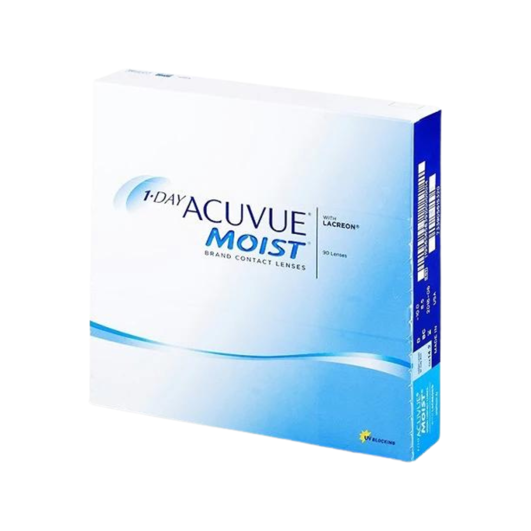 First Lens: Packaging of Johnson & Johnson 1 Day Moist Acuvue lenses