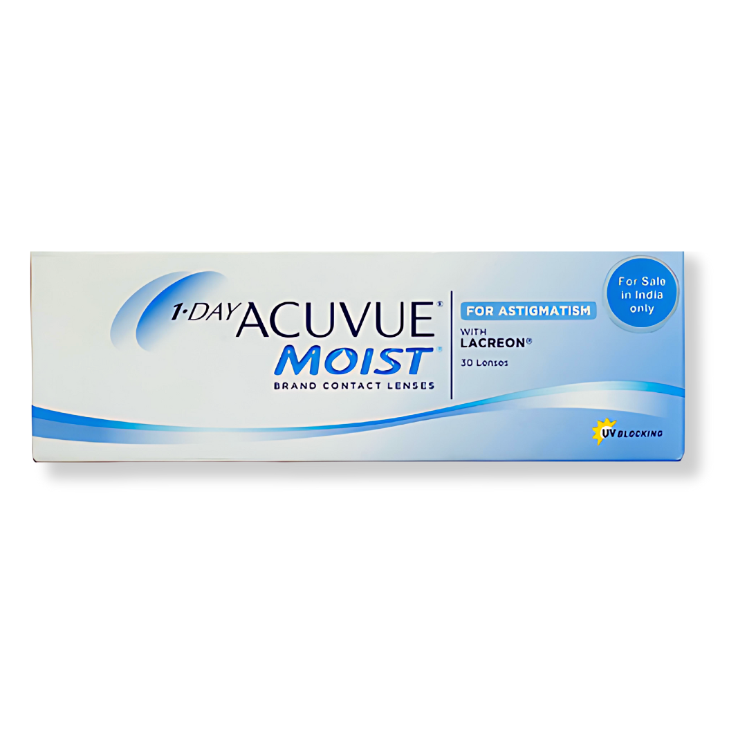 First Lens: Close-up of Johnson & Johnson 1-Day Acuvue Moist for Astigmatism contact lenses