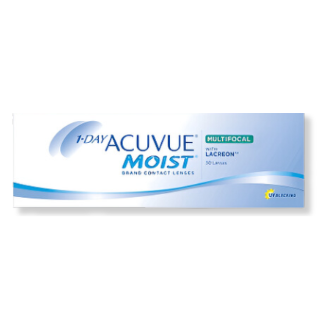 First Lens: Close-up of Johnson & Johnson 1-Day Acuvue Moist Multifocal contact lenses