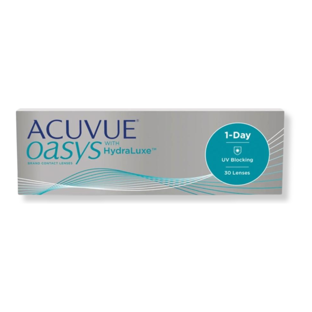 First Lens: Close-up of Acuvue Oasys 1 Day with HydraLuxe Technology lenses