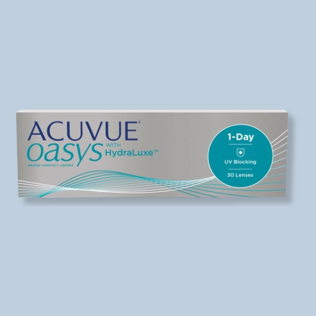 First Lens: Model showcasing Acuvue Oasys 1 Day with HydraLuxe Technology contact lenses