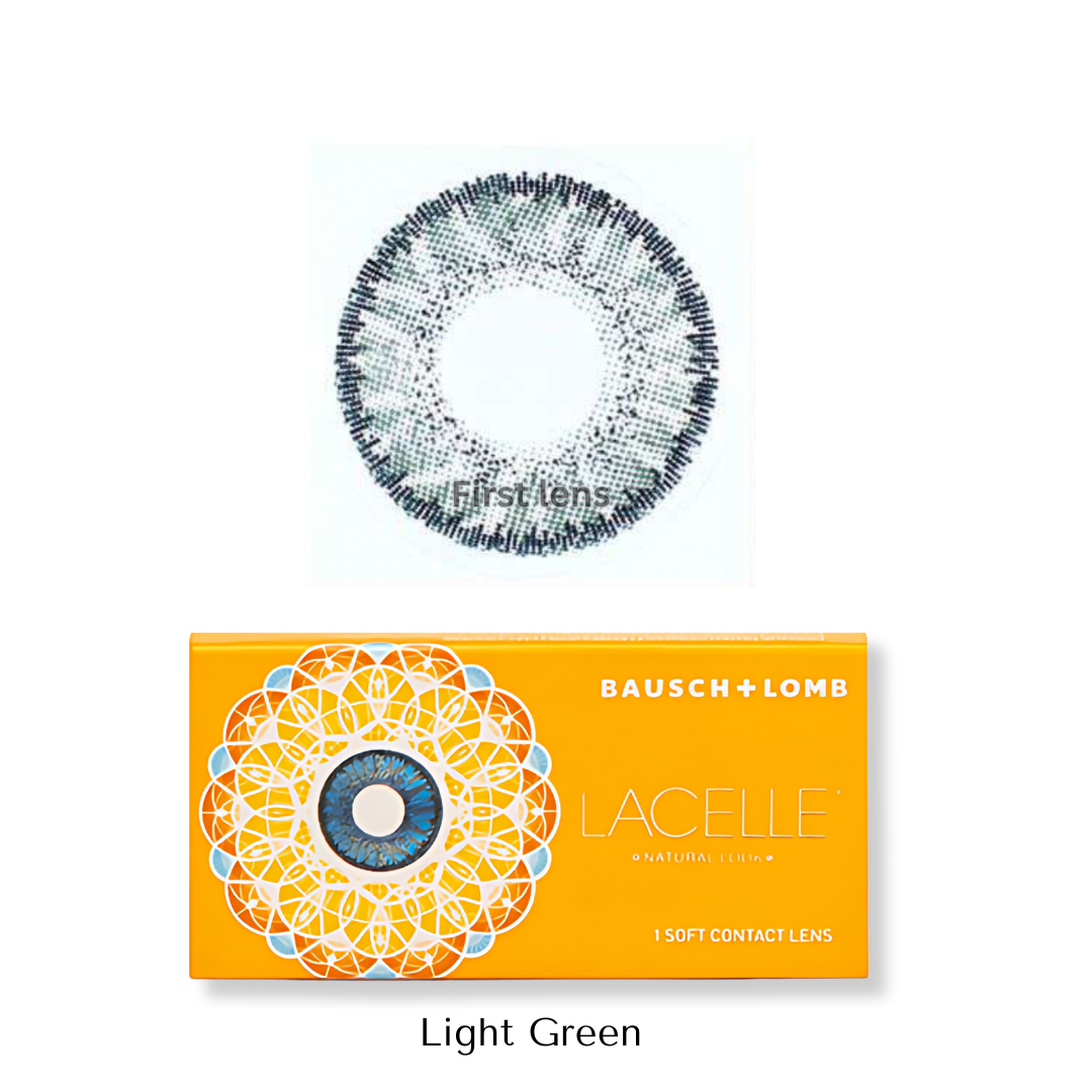 A detailed shot of the packaging for Bausch & Lomb Natural Look Quarterly Color Contact Lenses, featuring a woman with striking eyes wearing the lenses.