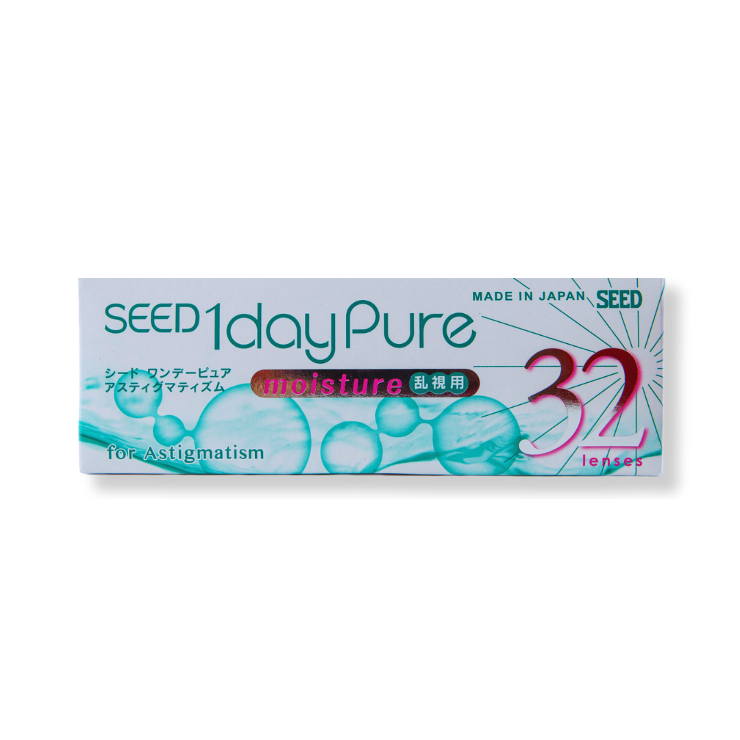 Close-up of the larger First Lens SEED 1-Day Pure Astigmatism box containing 32 lenses.