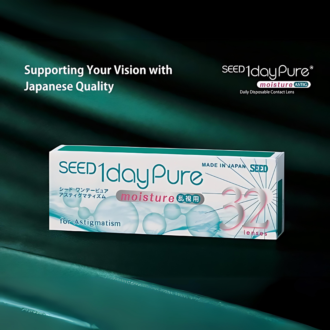 First Lens SEED 1-Day Pure Astigmatism lenses displayed on a surface with lens cases.
