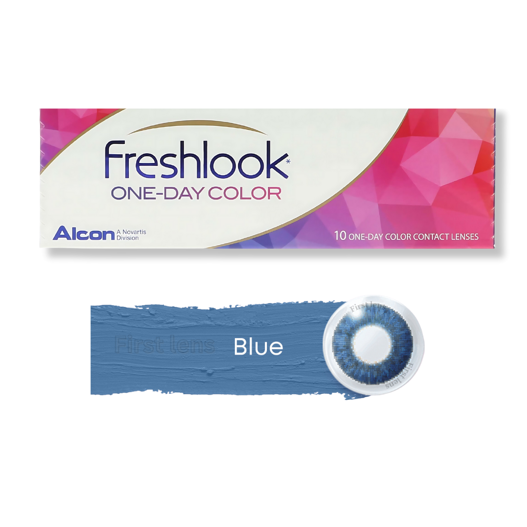 A close-up image of a box of First Lens Alcon Freshlook OneDay Color Lenses in Blue, with the box opened and lenses arranged neatly.