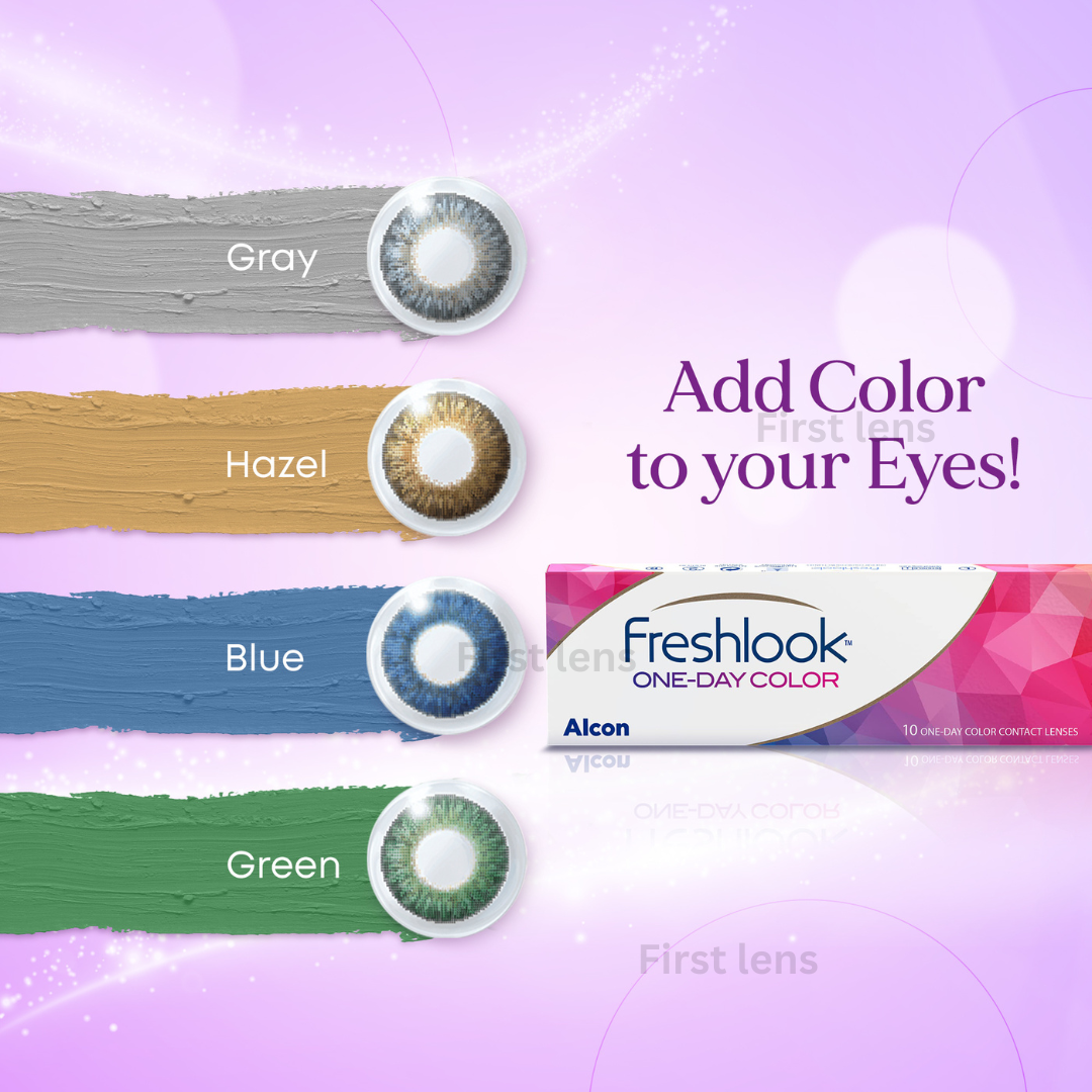 A close-up image of a box of First Lens Alcon Freshlook OneDay Color Lenses in Hazel, with the box opened and lenses arranged neatly.